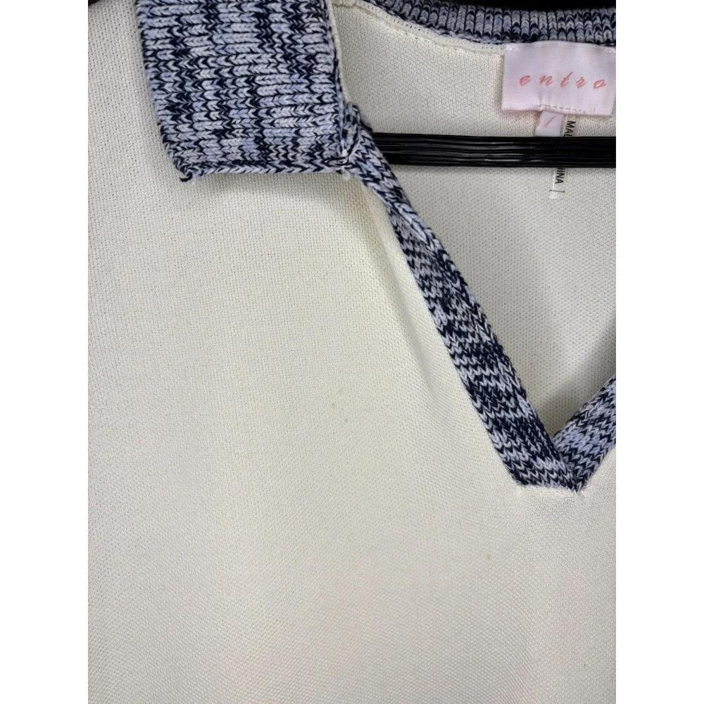 Entro‎ Cream Blue Knit Sweater Vest V Neck Fringe Pocket Womens L